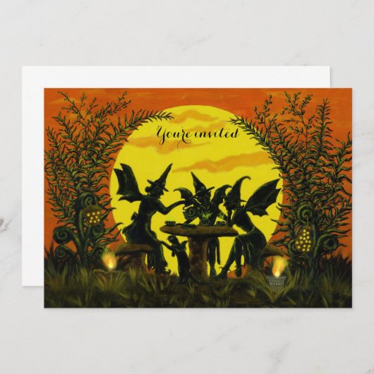 Uitnodigingen voor heksenfeeën met Halloween (Voorkant / Achterkant)