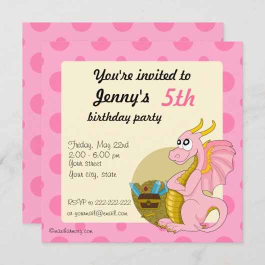 Uitnodigingen voor het afdrukken van roze dragon c (Voorkant / Achterkant)