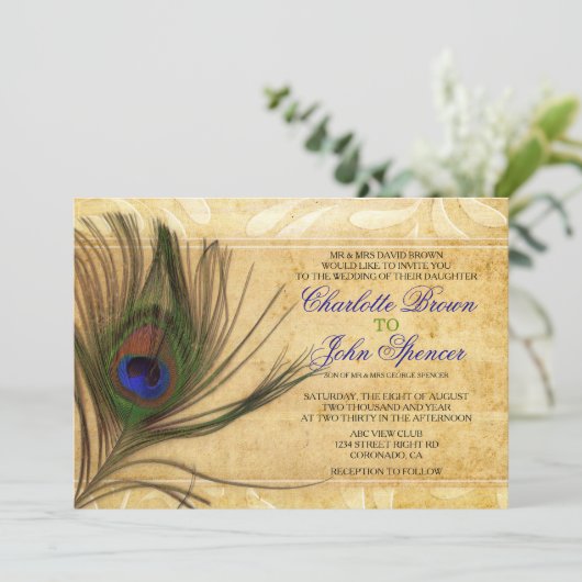 Uitnodigingen voor het bruiloft Rustic Peacock Fea (Staand voorkant)