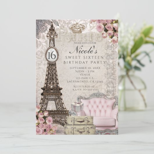 Uitnodigingen voor het feest met Eiffeltoren en ro (Staand voorkant)