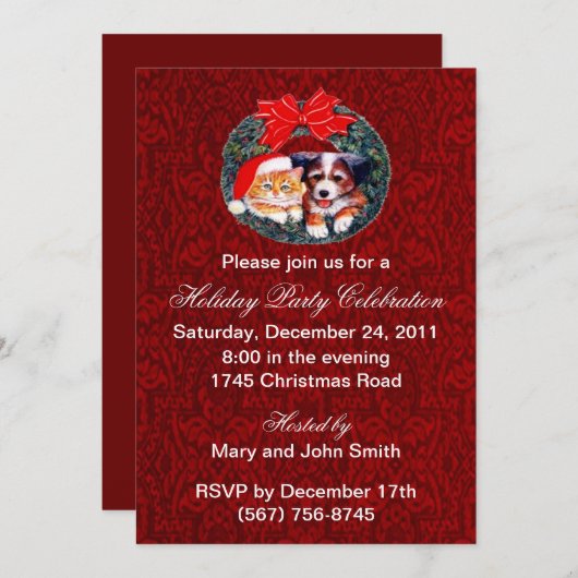 Uitnodigingen voor het kerstfeest voor puppy's en (Voorkant / Achterkant)
