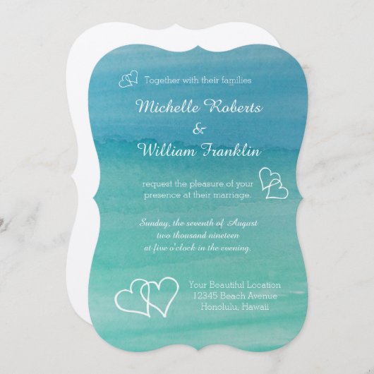 Uitnodigingen voor het strandbruiloft van Aqua Blu (Voorkant / Achterkant)