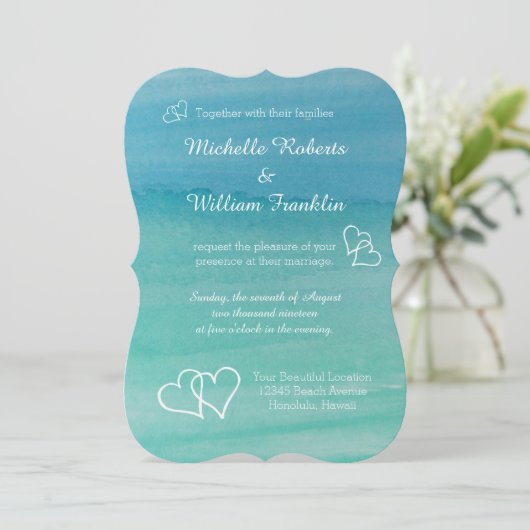 Uitnodigingen voor het strandbruiloft van Aqua Blu (Staand voorkant)