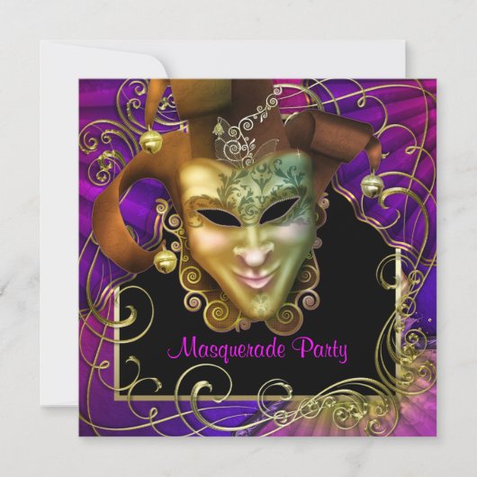 Uitnodigingen voor hete roze paarse gouden masquer (Voorkant)