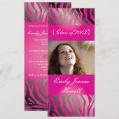 Uitnodigingen voor hete roze zebra/afstudeerfeest (Voorkant / Achterkant)