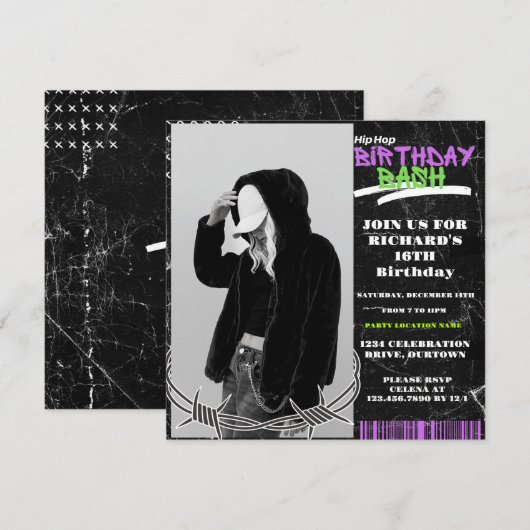 Uitnodigingen voor Hip Hop-verjaardagsfeestjes (Voorkant / Achterkant)