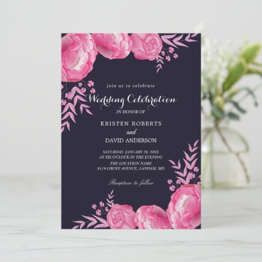 uitnodigingen voor hot roze en zwarte bruiloft (Staand voorkant)