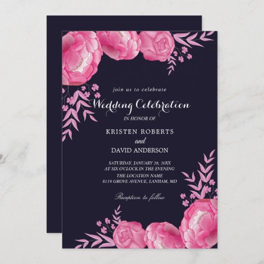 uitnodigingen voor hot roze en zwarte bruiloft (Voorkant / Achterkant)