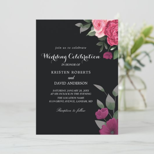 uitnodigingen voor hot roze en zwarte bruiloft (Staand voorkant)