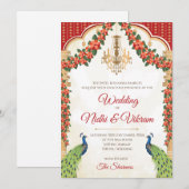 Uitnodigingen voor Indiase pauwen & Hindoe huwelij (Voorkant / Achterkant)