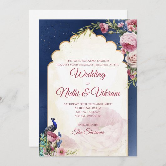 Uitnodigingen voor Indiase pauwen & uitnodigingen  (Voorkant / Achterkant)