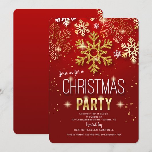 Uitnodigingen voor kerstfeestdagen, rood en goud (Voorkant / Achterkant)