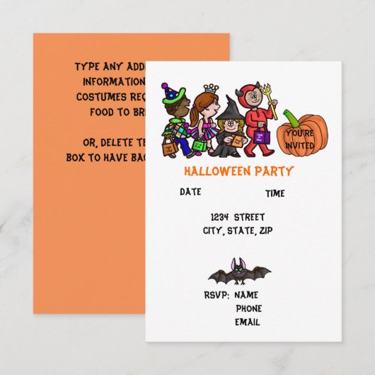 Uitnodigingen voor kinderHalloween Party (Voorkant / Achterkant)