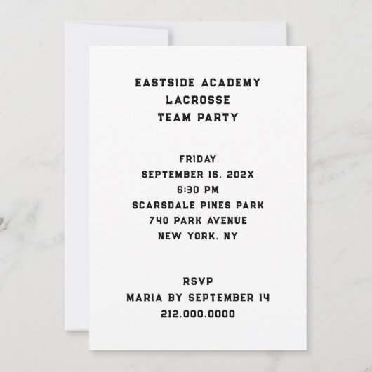Uitnodigingen voor Lacrosse Feest Team Evenement (Achterkant)