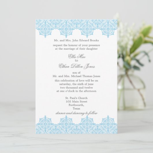 Uitnodigingen voor Light Blue Damask Weddenschap (Staand voorkant)