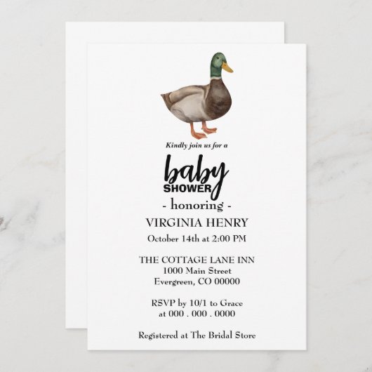 Uitnodigingen voor Mallard duck babyshower (Voorkant / Achterkant)