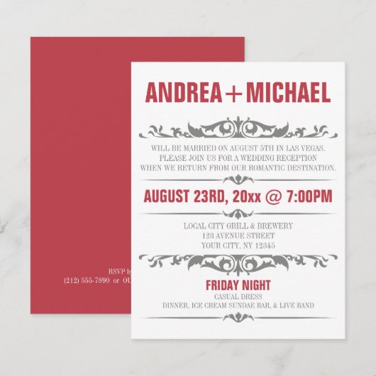 Uitnodigingen voor Merlot & Gray bruiloftsreceptie (Voorkant / Achterkant)