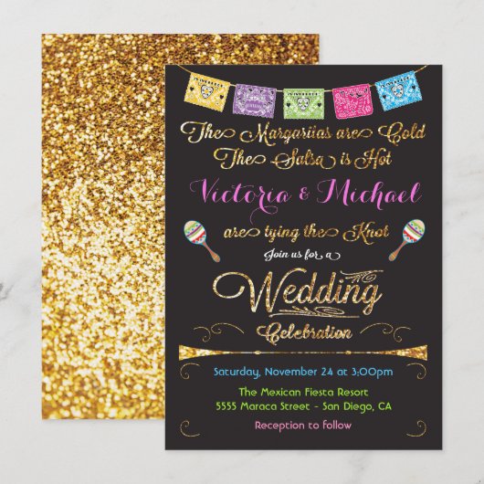 Uitnodigingen voor Mexicaanse bruiloft Fiesta Gold (Voorkant / Achterkant)