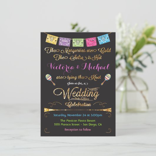 Uitnodigingen voor Mexicaanse bruiloft Fiesta Gold (Staand voorkant)