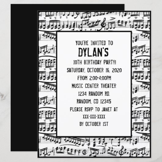 Uitnodigingen voor muzieknoten thema verjaardagsfe (Voorkant / Achterkant)