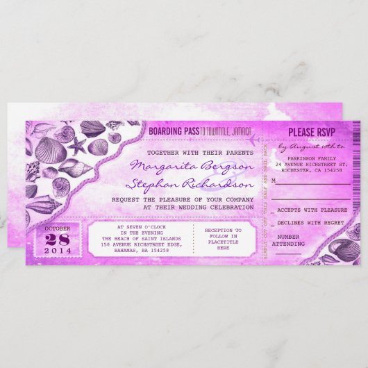 Uitnodigingen voor nautische bestemming trouwticke (Voorkant / Achterkant)