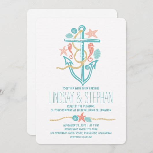 Uitnodigingen voor Nautische strandbruiloft (Voorkant / Achterkant)