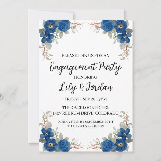 Uitnodigingen voor Navy Blue Florial Engagement Pa (Voorkant)