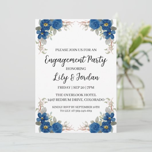 Uitnodigingen voor Navy Blue Florial Engagement Pa (Staand voorkant)