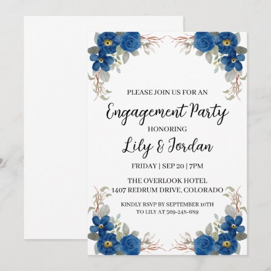 Uitnodigingen voor Navy Blue Florial Engagement Pa (Voorkant / Achterkant)