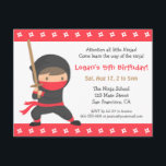 Uitnodigingen voor Ninja Kids Verjaardagsfeestje<br><div class="desc">Spionage, infiltratie en training, zijn de kinderen klaar voor de weg van de ninja? Plan een ninja verjaardagsfeestje dat uniek en leuk is, te beginnen met deze uitnodiging met ninjathema! Het bevat een schattig klein ninjajongen in een grijze en rode outfit die zich vastklampt aan een houten katana-zwaard voor zijn...</div>