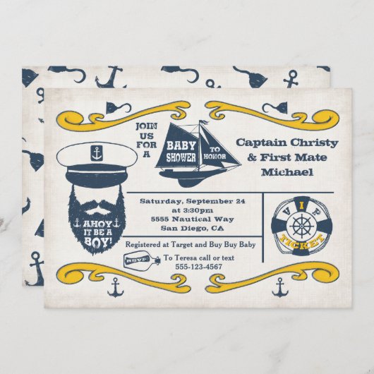 Uitnodigingen voor Old Sailor Nautical Baby Shower (Voorkant / Achterkant)