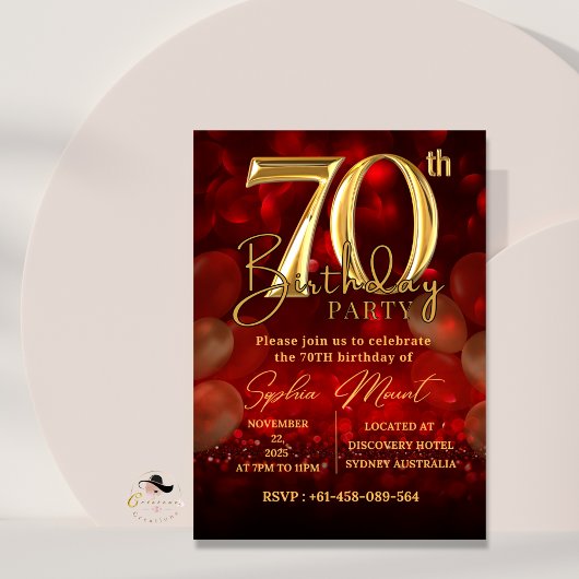 Uitnodigingen voor oma's 70e verjaardag Red Gold