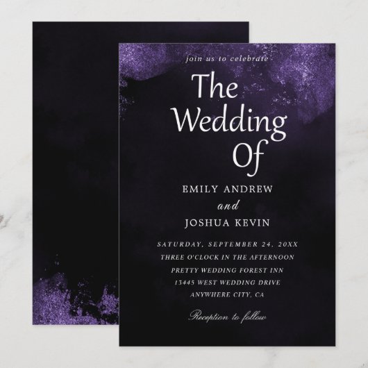 Uitnodigingen voor paars en zwarte bruiloft (Voorkant / Achterkant)