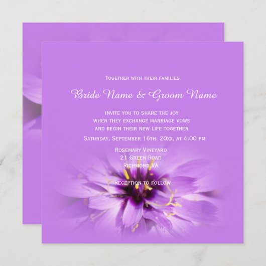 Uitnodigingen voor  paarse bloemenbruiloft (Voorkant / Achterkant)