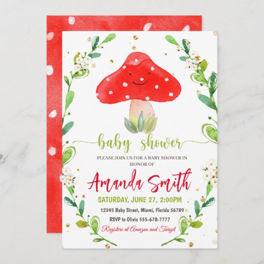 Uitnodigingen voor paddenstoel Babyschoenen, champ (Voorkant / Achterkant)