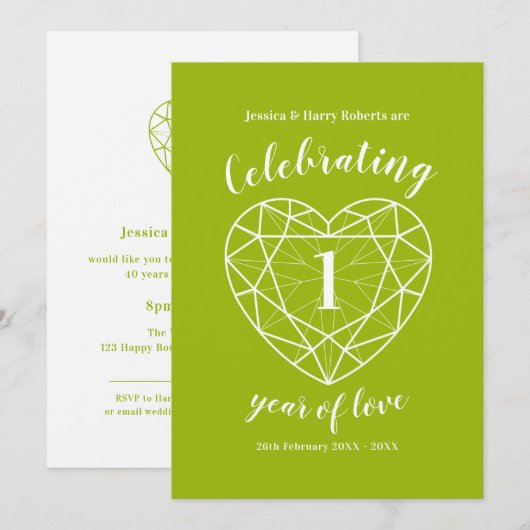 Uitnodigingen voor Peridot viering 1 jaar liefde f (Voorkant / Achterkant)