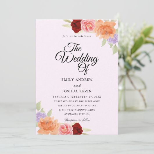 uitnodigingen voor perziken en paarse bruiloft (Staand voorkant)