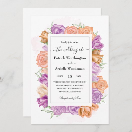 Uitnodigingen voor peziken en paarse bruiloft (Voorkant / Achterkant)