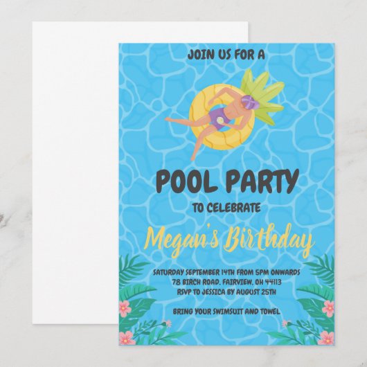 Uitnodigingen voor Pineapple Pool Party (Voorkant / Achterkant)