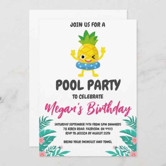 Uitnodigingen voor Pineapple Pool Party (Voorkant / Achterkant)