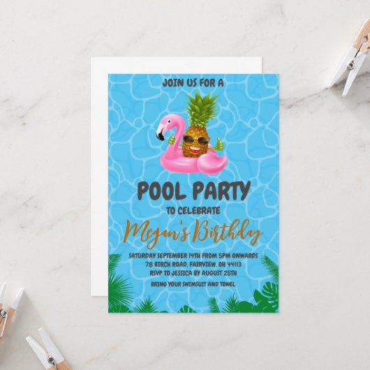 Uitnodigingen voor Pineapple Pool Party (Voorkant / Achterkant in situ)
