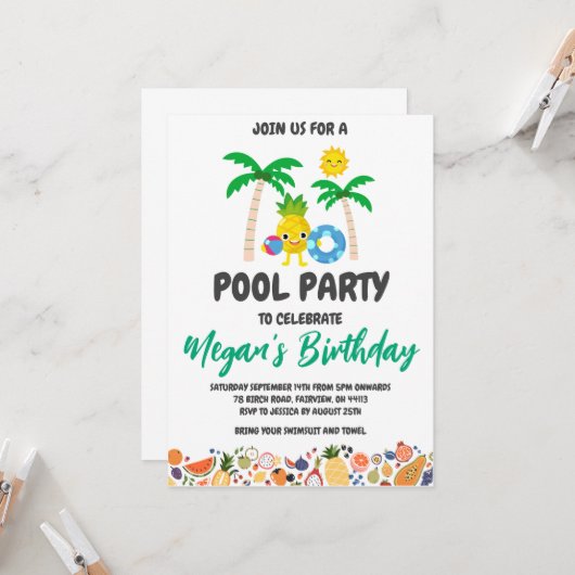 Uitnodigingen voor Pineapple Pool Party (Voorkant / Achterkant in situ)