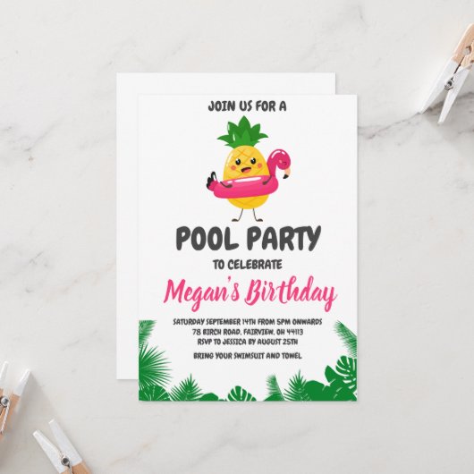 Uitnodigingen voor Pineapple Pool Party (Voorkant / Achterkant in situ)