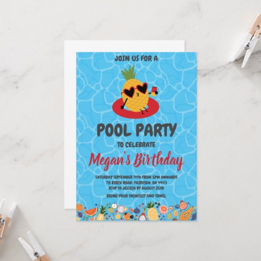 Uitnodigingen voor Pineapple Pool Party (Voorkant / Achterkant in situ)