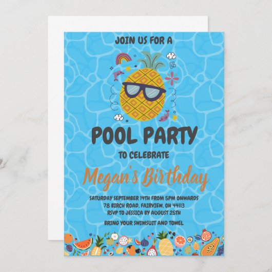 Uitnodigingen voor Pineapple Pool Party (Voorkant / Achterkant)