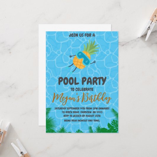 Uitnodigingen voor Pineapple Pool Party (Voorkant / Achterkant in situ)