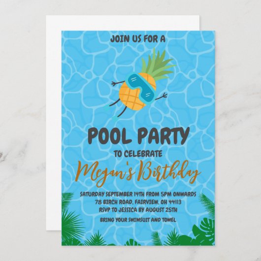 Uitnodigingen voor Pineapple Pool Party (Voorkant / Achterkant)