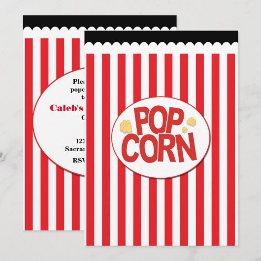 Uitnodigingen voor popcorn rode en witte streep fi (Voorkant / Achterkant)