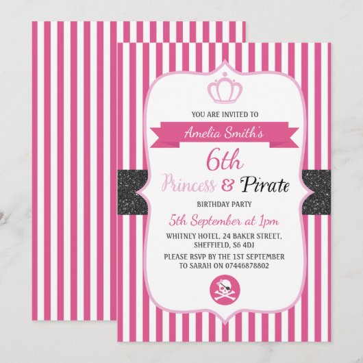 Uitnodigingen voor Prinses & Piraten verjaardagsfe (Voorkant / Achterkant)