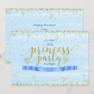 Uitnodigingen voor prinsessenfeest blauw en goud v